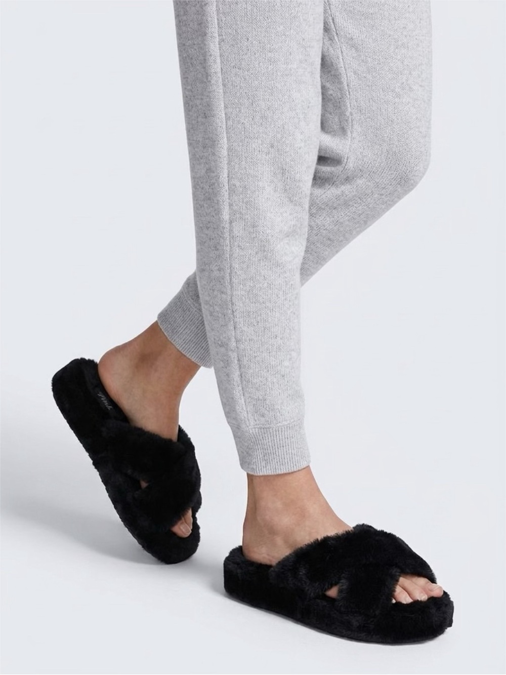 PINK Victoria's Secret Black Faux-Fur Slippers